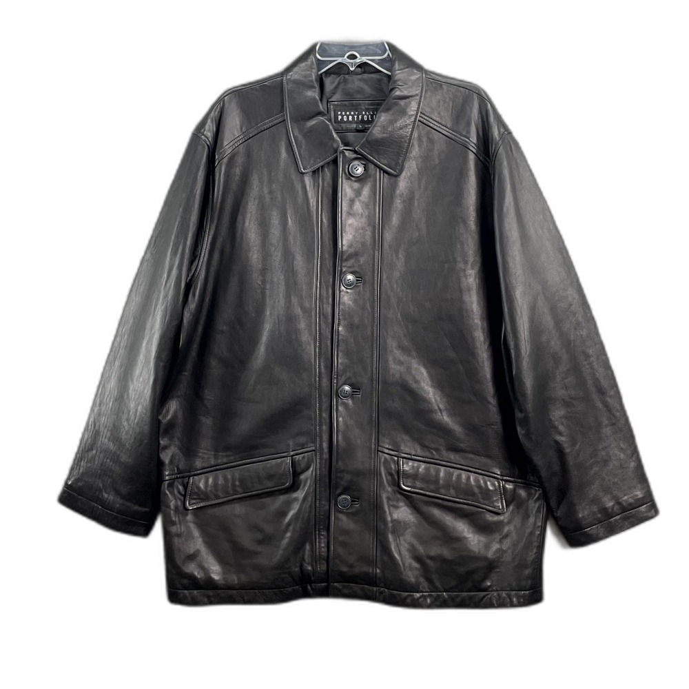 Vintage Perry Ellis Portfolio Leather Jacket Mens Large Button Front Cowboy Moto